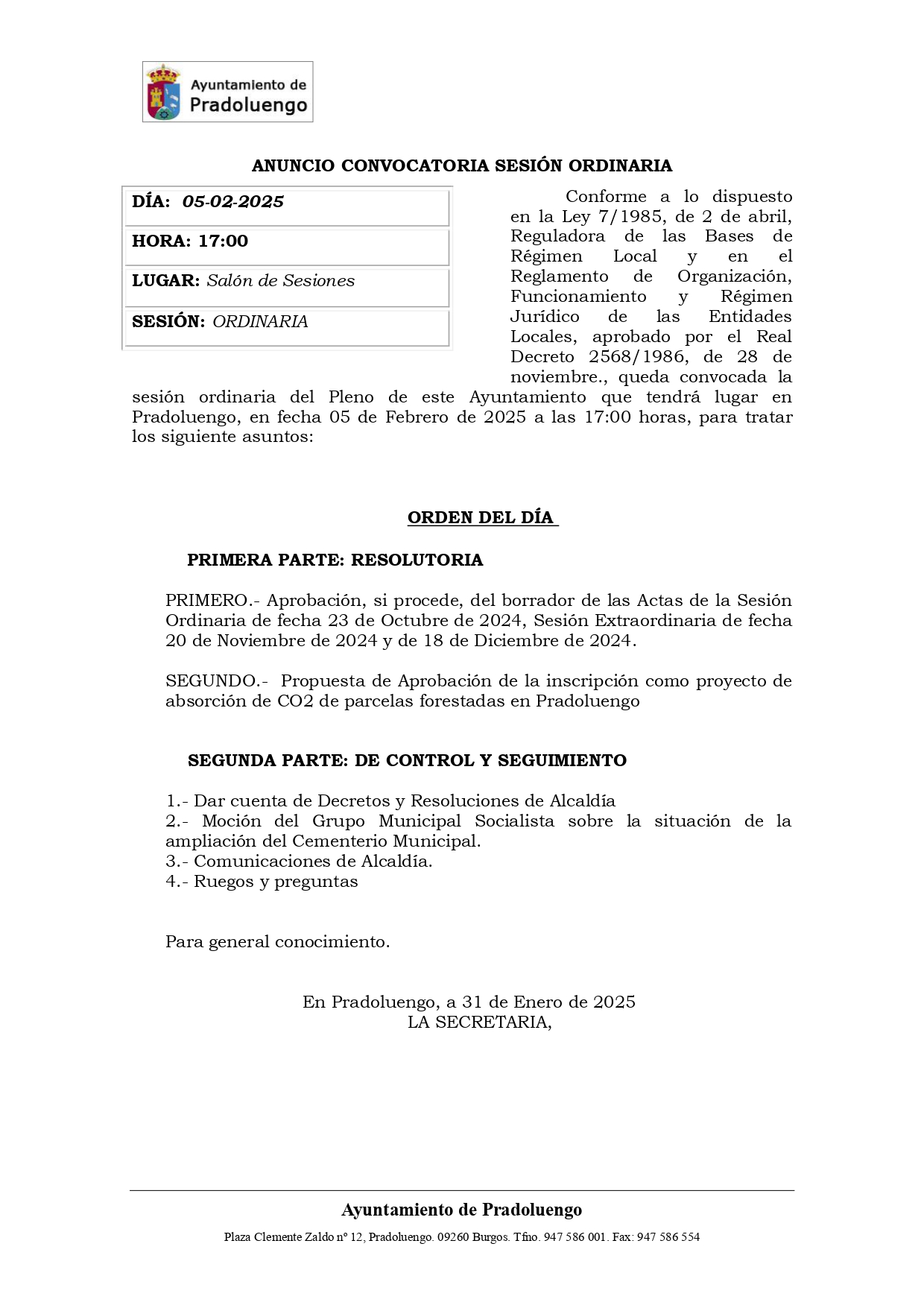 CONVOCATORIA SESIÓN ORDINARIA 5 DE FEBRERO DE 2025