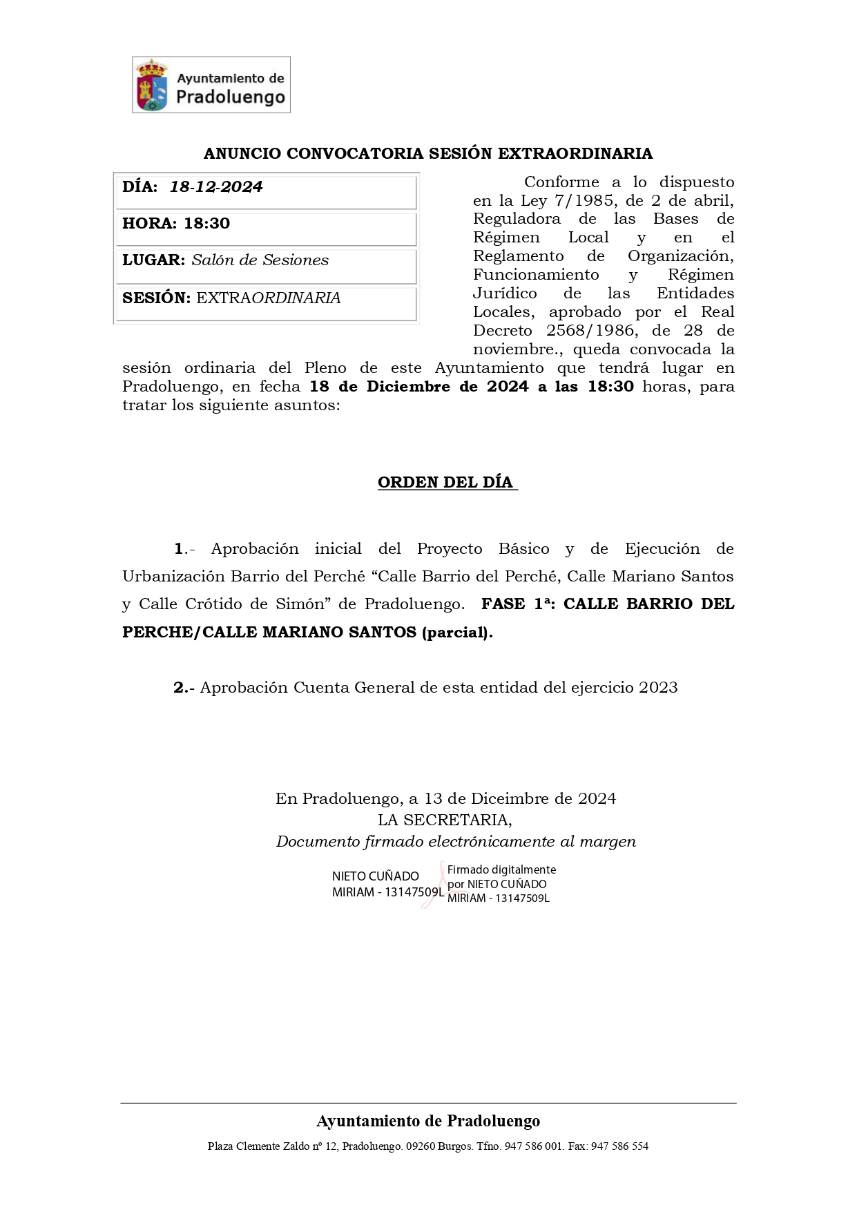 CONVOCATORIA SESIÓN EXTRAORDINARIA - 18/12/2024