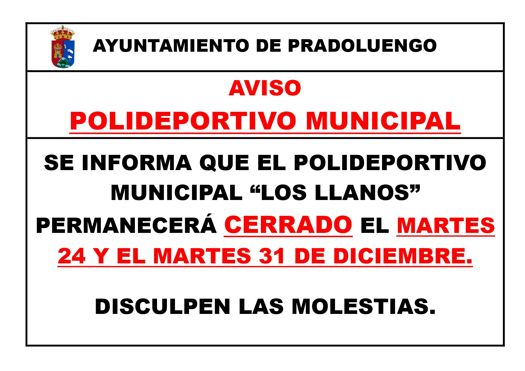 CIERRE POLIDEPORTIVO MUNICIPAL - 24 Y 31 DE DICIEMBRE DE 2024