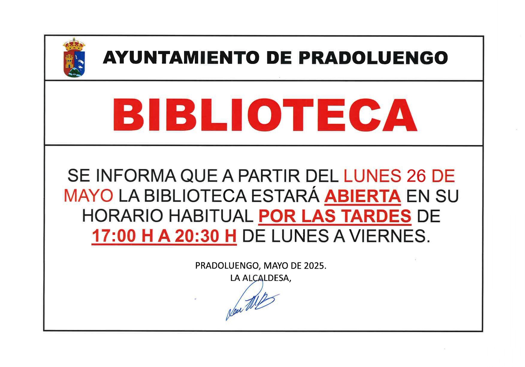 BIBLIOTECA - VUELTA AL HORARIO HABITUAL POR LAS TARDES DE 17:00 H A 20:30 H