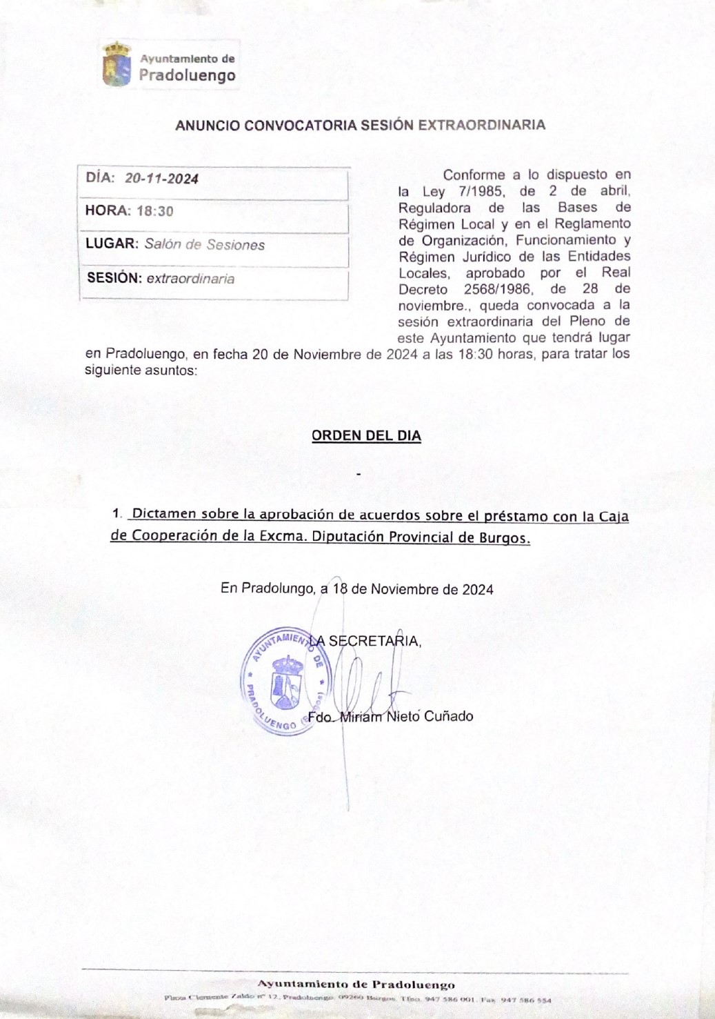 CONVOCATORIA SESIÓN EXTRAORDINARIA - 20/11/2024